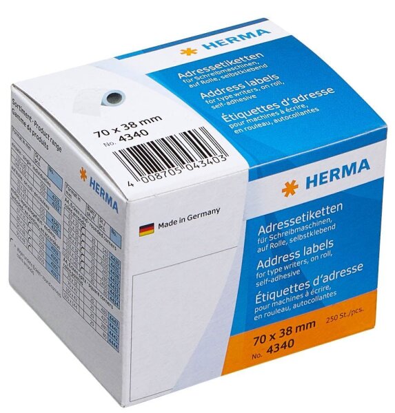 HERMA Adressetiketten 4340 weiß 70,0 x 38,0 mm, 250 Etiketten