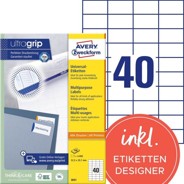 AVERY Zweckform Etiketten 3651 weiß 52,5 x 29,7 mm, 100 Blatt