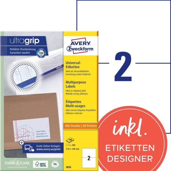 AVERY Zweckform Etiketten 3655 weiß 210,0 x 148,0 mm, 100 Blatt