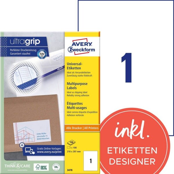 AVERY Zweckform Etiketten 3478 weiß 210,0 x 297,0 mm, 100 Blatt