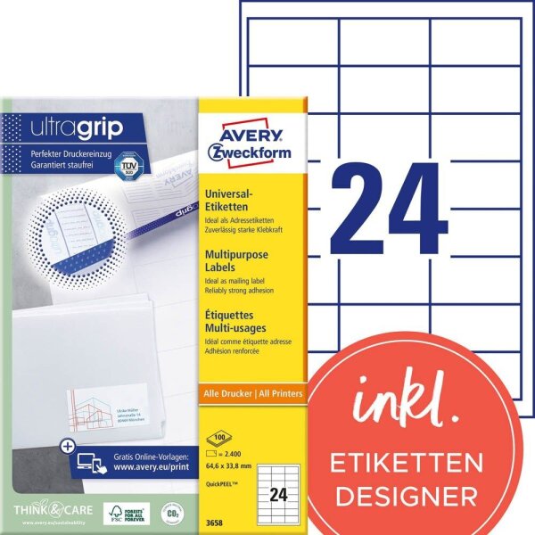 AVERY Zweckform Etiketten 3658 weiß 64,6 x 33,8 mm, 100 Blatt