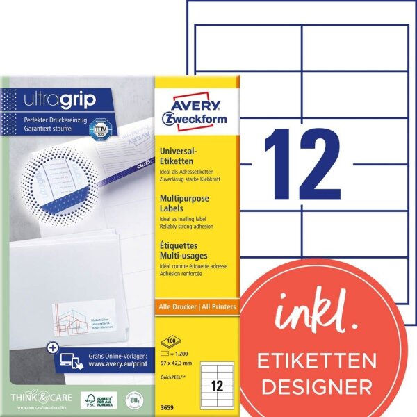 AVERY Zweckform Etiketten 3659 weiß 97,0 x 42,3 mm, 100 Blatt