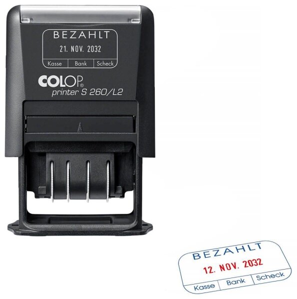 COLOP Datumstempel mit Text "Bezahlt" Printer S 260/L2 N selbstfärbend blau, rot ohne Logo, 1 St.