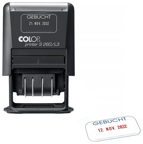 COLOP Datumstempel mit Text "Gebucht" Printer S 260/L3 N selbstfärbend blau, rot ohne Logo, 1 St.