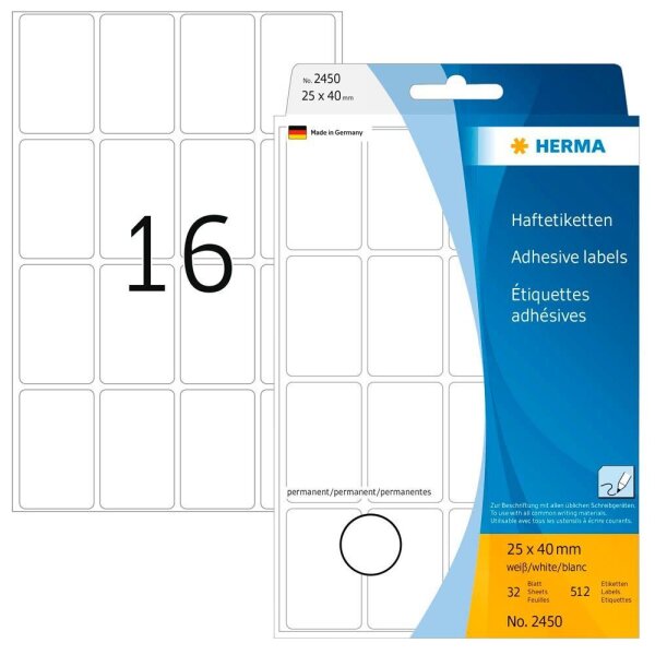 HERMA 2450 Etiketten weiß 25,0 x 40,0 mm, 32 Blatt