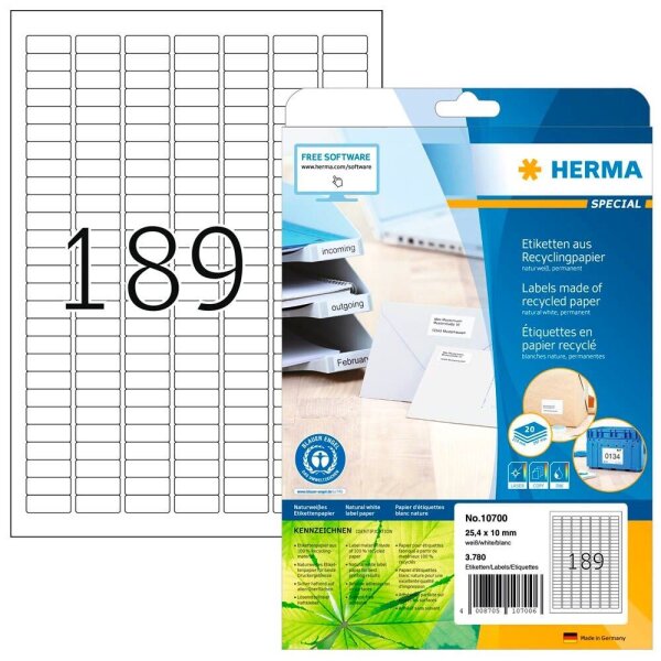 HERMA 10700 Recycling Etiketten weiß 25,4 x 10,0 mm, 20 Blatt