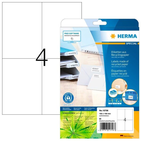 HERMA 10706 Recycling Etiketten weiß 105,0 x 148,0 mm, 20 Blatt