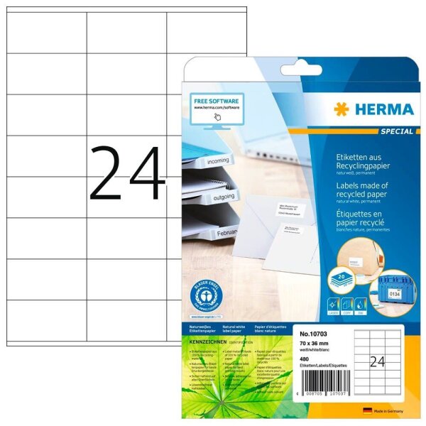 HERMA 10703 Recycling Etiketten weiß 70,0 x 36,0 mm, 20 Blatt