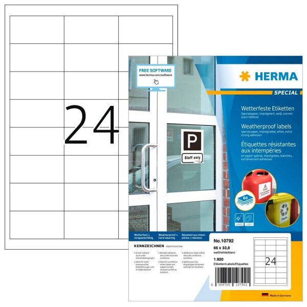 HERMA wetterfeste Etiketten weiß 66,0 x 33,8 mm, 80 Blatt