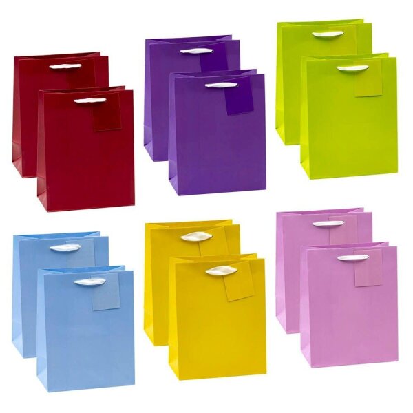 TSI Geschenktüten TRENDFARBEN dunkelrot, lia, grün, hellblau, gelb, rosa 18,0 x 23,0 cm, 12 St.