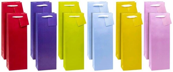 TSI Geschenktüten für Flaschen TRENDFARBEN dunkelrot, lia, grün, hellblau, gelb, rosa 12,0 x 36,0 cm, 12 St.