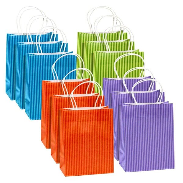 TSI Geschenktüten STREIFEN blau,grün, orange, lila 18,0 x 23,0 cm, 12 St.