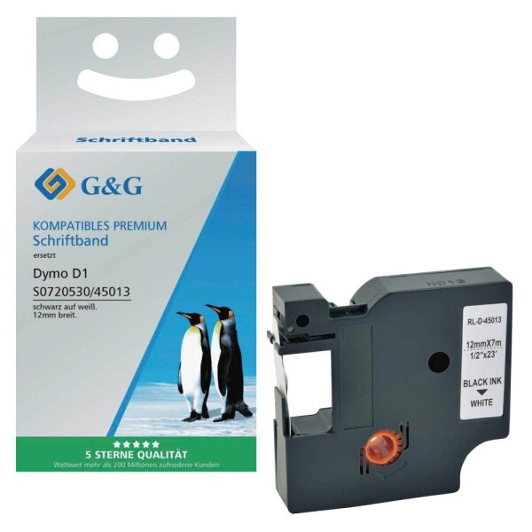 G&G Schriftband D1 ersetzt Dymo 45013/S0720530 10286, 12 mm, schwarz auf weiß, 1 St.
