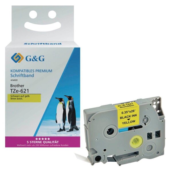 G&G Schriftband ersetzt Brother Tze-621 14976, 9 mm, schwarz auf gelb, 1 St.