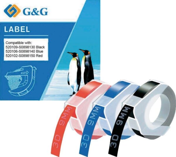 G&G Prägebänder 3D ersetzt Dymo S0898130/140/150 20623 ersetzt DYMO , 9 mm, farbig sortiert, 3 Set