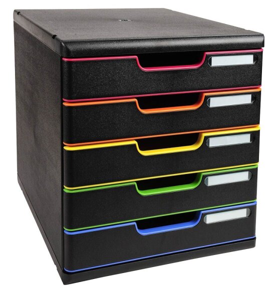 Exacompta Schubladenbox Modulo  schwarz mit bunten Farblinien 301914D, DIN A4 mit 5 Schubladen, 1 St.