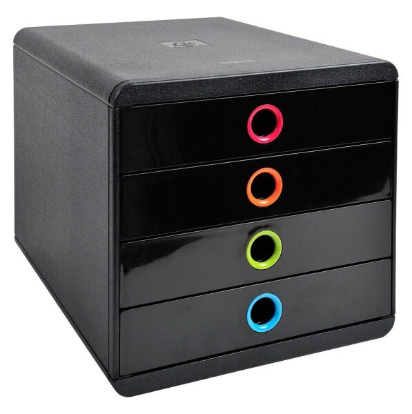 Exacompta Schubladenbox POP-BOX  schwarz mit bunten Grifflöchern 314498D, DIN A4 mit 4 Schubladen, 1 St.