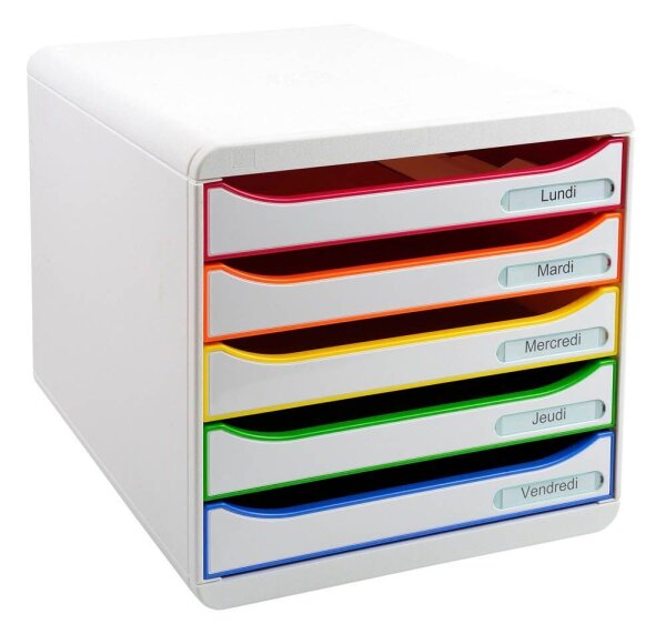 Exacompta Schubladenbox BIG-BOX PLUS  weiß mit bunten Farblinien 309913D, DIN A4 mit 5 Schubladen, 1 St.