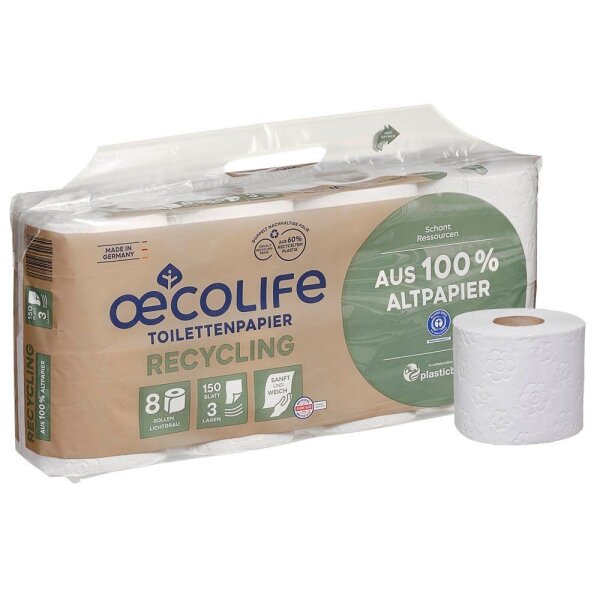 oecolife Toilettenpapier klassisch weiss 3-lagig Recyclingpapier, 8 Rollen  ( 1590800 )