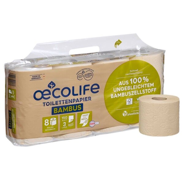 oecolife Toilettenpapier Bambus 3-lagig, 8 Rollen