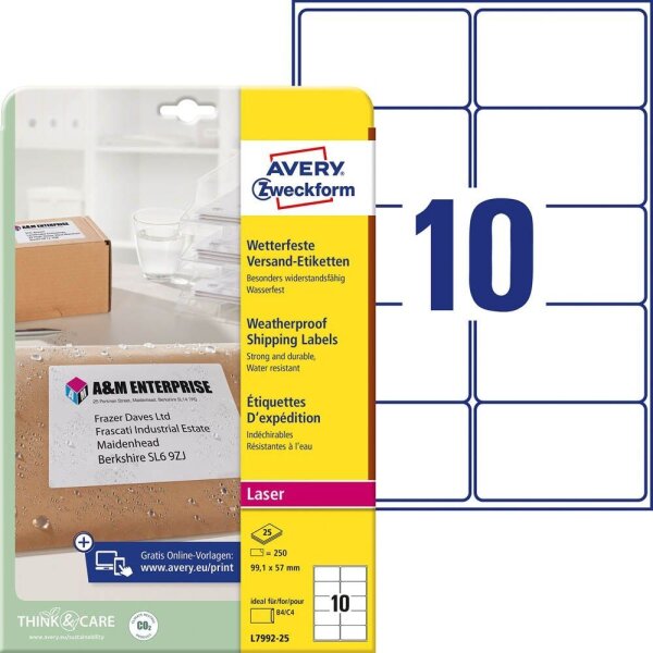 AVERY Zweckform Folien-Versandetiketten L7992-25 weiß 99,1 x 57,0 mm, 25 Blatt