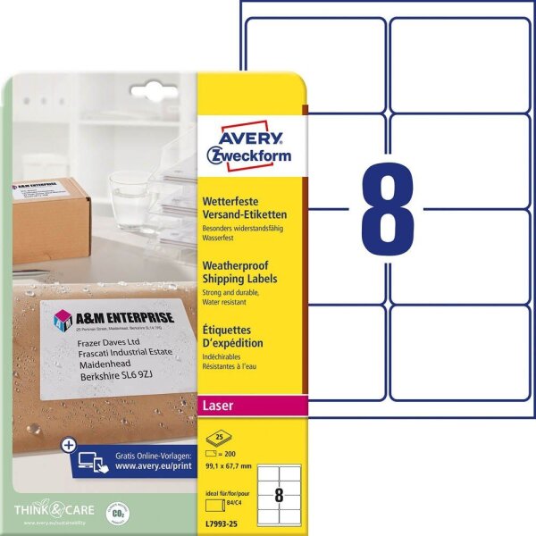 AVERY Zweckform Folien-Versandetiketten L7993-25 weiß 99,1 x 67,7 mm, 25 Blatt
