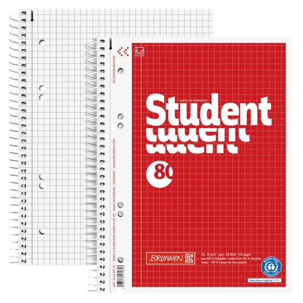 BRUNNEN Collegeblock Student Recycling kariert DIN A5 Innenrand, 1 St.