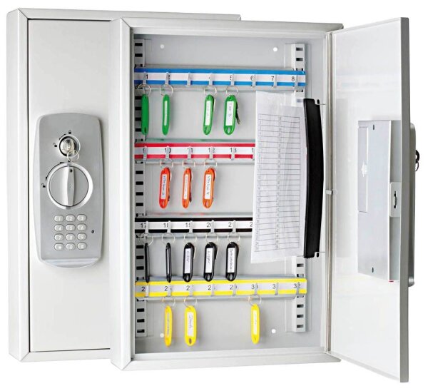 WEDO Schlüsseltresor lichtgrau mit 32 Haken, Elektronik- und Standardschloss, 30,0 x 8,0 x 45,0 cm, 1 St.