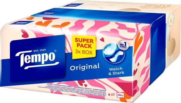 Tempo Taschentücherbox Original 4-lagig weiß, 3x 100 Tücher