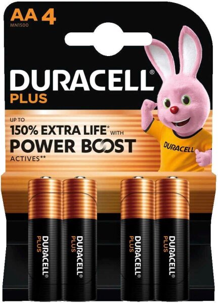 DURACELL Batterien PLUS Alkali-Mangan Mignon AA 1,5 V, 4 St.