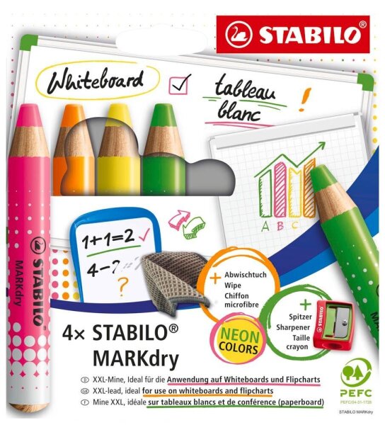 STABILO MARKdry Neon Whiteboard- und Flipchart-Marker farbsortiert 1,0 - 10,0 mm, 4 St.