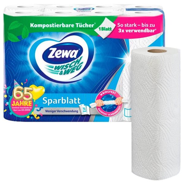 Zewa Küchenrollen WISCH&WEG Sparblatt 2-lagig, 8 Rollen