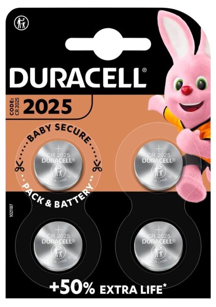 DURACELL Knopfzellen CR 2025 Lithium 3,0 V, 4 St.