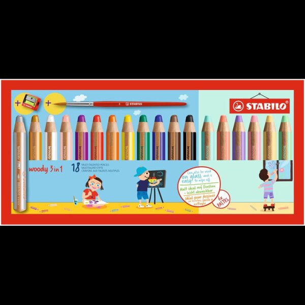 STABILO woody 3 in 1 + PASTEL Malset farbsortiert, 18 St.