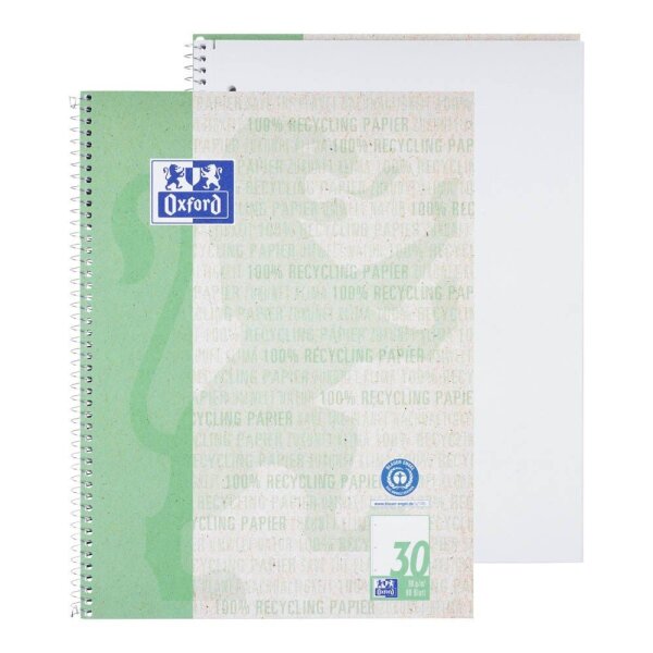 OXFORD Collegeblock Recycling Lineatur 30 blanko DIN A4 ohne Rand, 1 Block