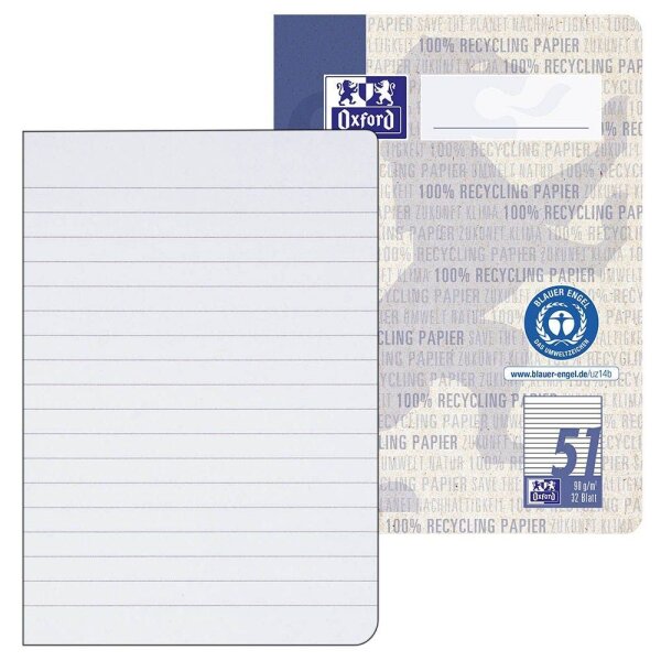 OXFORD Schulhefte Recycling Lineatur 51 liniert DIN A6 ohne Rand, 32 Blatt, 1 St.