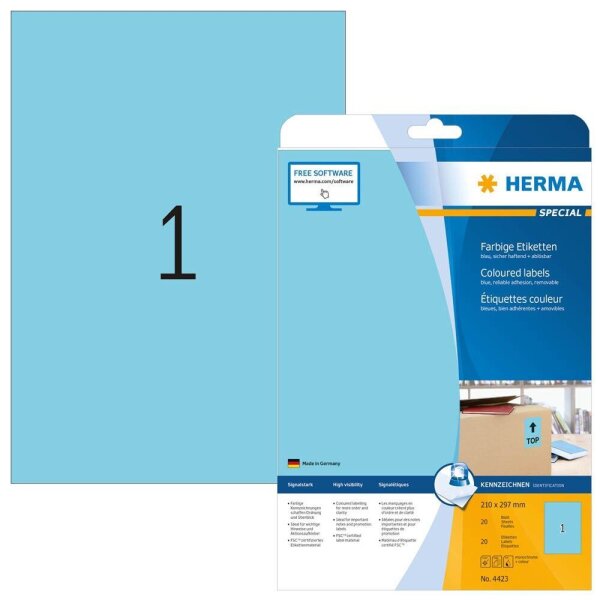 HERMA Etiketten 4423 blau 210,0 x 297,0 mm, 20 Blatt