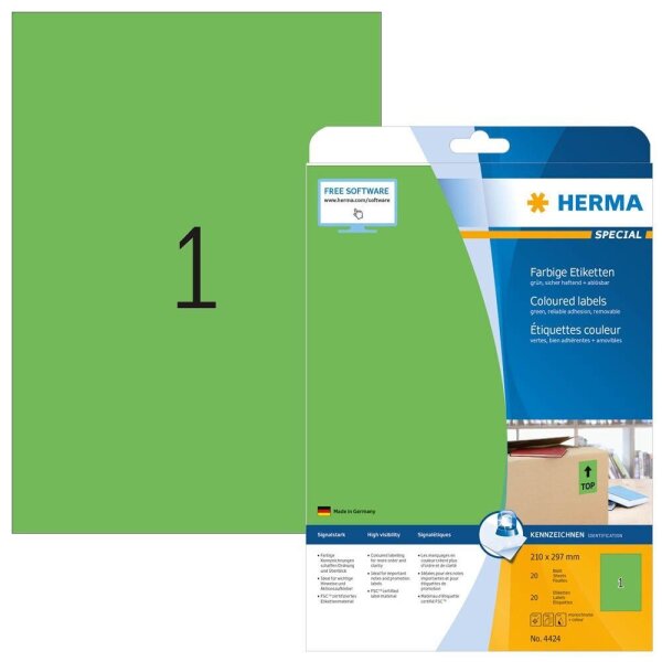 HERMA Etiketten 4424 grün 210,0 x 297,0 mm, 20 Blatt