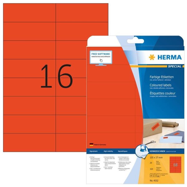 HERMA Etiketten 4552 rot 105,0 x 37,0 mm, 20 Blatt