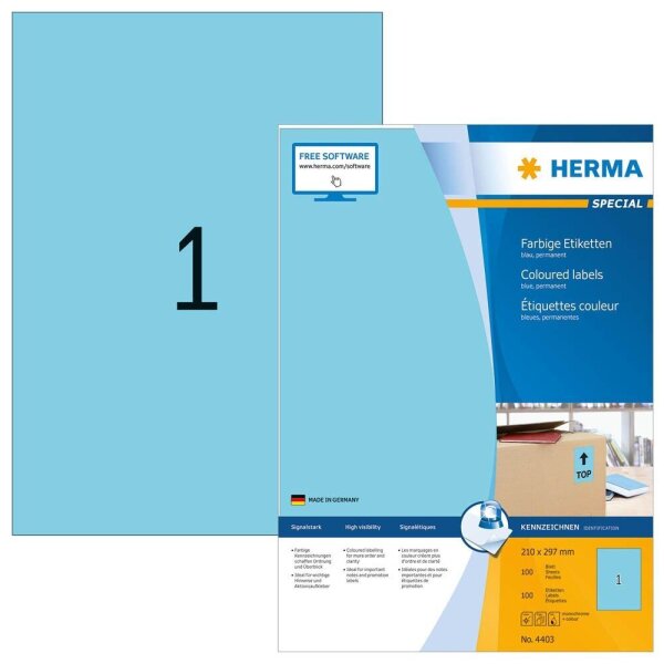 HERMA Etiketten 4403 blau 210,0 x 297,0 mm, 100 Blatt