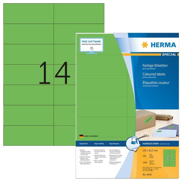 HERMA Etiketten 4559 grün 105,0 x 42,3 mm, 100 Blatt