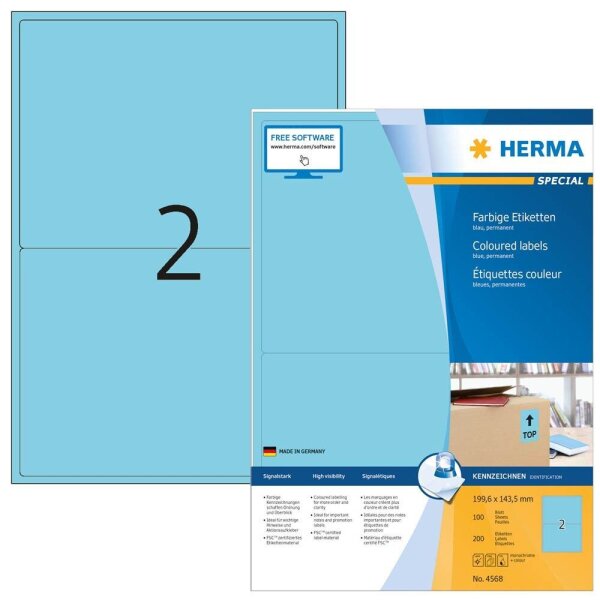 HERMA Etiketten 4568 blau 199,6 x 143,5 mm, 100 Blatt
