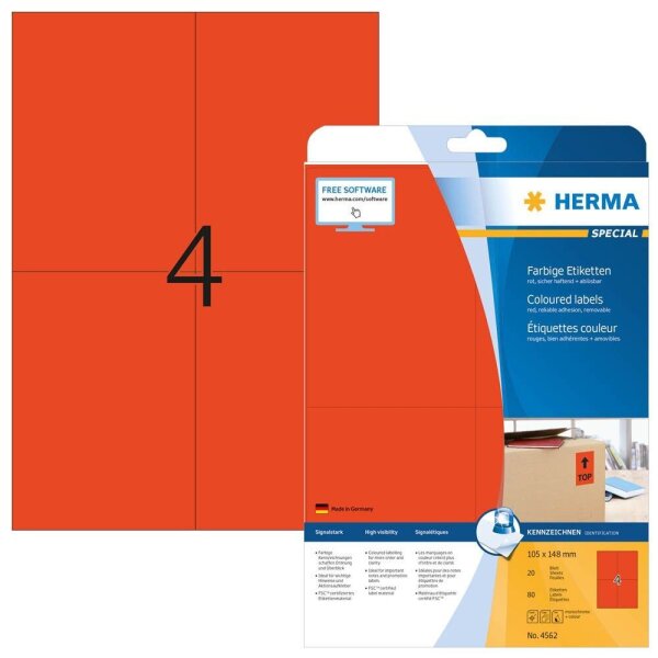 HERMA Etiketten 4562 rot 105,0 x 148,0 mm, 20 Blatt