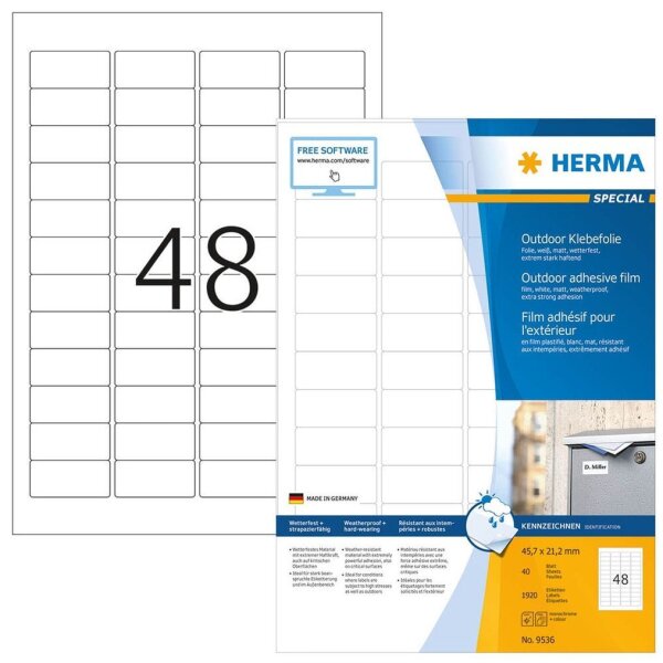 HERMA Folien-Kraftklebe-Etiketten 9536 weiß 45,7 x 21,2 mm, 40 Blatt