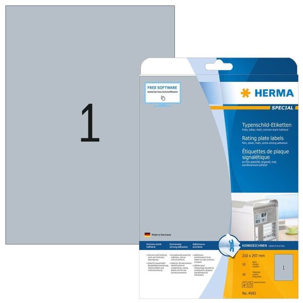 HERMA Typenschild-Etiketten 4593 silber 210,0 x 297,0 mm, 10 Blatt
