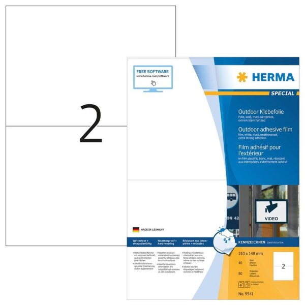 HERMA Folien-Kraftklebe-Etiketten 9541 weiß 210,0 x 148,0 mm, 40 Blatt