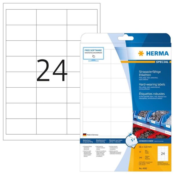 HERMA wetterfeste Folienetiketten 4582 weiß 66,0 x 33,8 mm, 10 Blatt