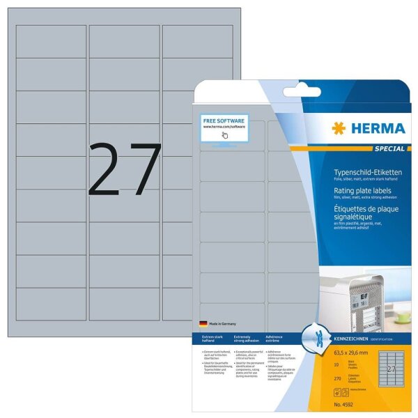 HERMA Typenschild-Etiketten 4592 silber 63,5 x 29,6 mm, 10 Blatt