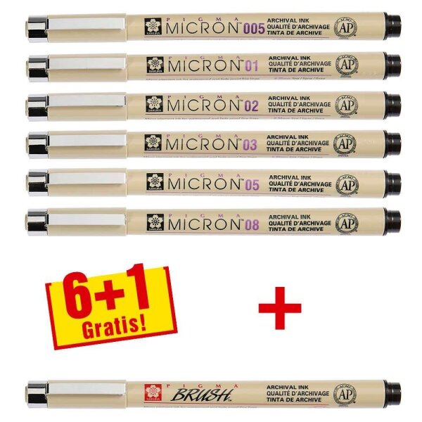 6 + 1 GRATIS: Sakura Pigma Micron Fineliner-Set schwarz, 6 St. + GRATIS Brush-Pe  ( POXSDK7 )