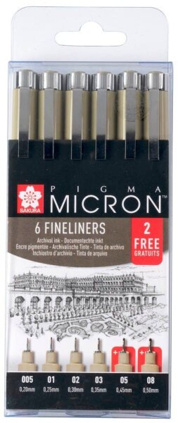 4 + 2 GRATIS: Sakura Pigma Micron Fineliner schwarz 0,2 + 0,25 + 0,3 + 0,35 + 0,  ( POXSDKB6P )